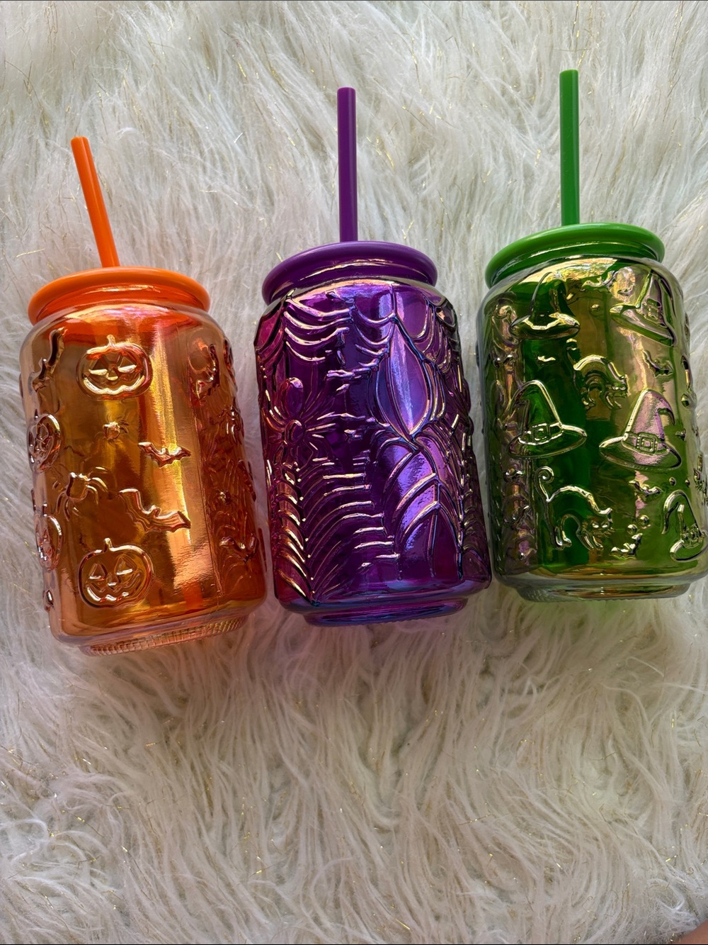 Halloween Spiderweb & Pumpkin Glass Jar Tumbler - Orange, Purple, Green - Picture 1 of 5